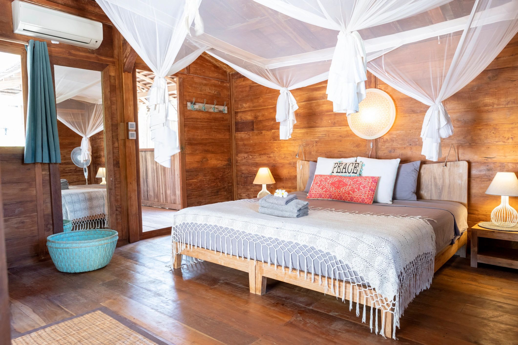 Warm timber tiny home bedroom interior