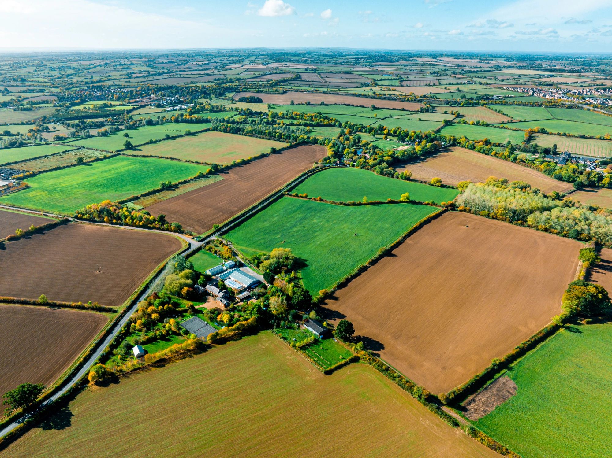 Aerial view of English countryside and rural land