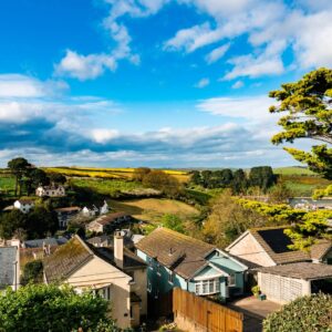 Salcombe village houses nestled in rolling green landscape